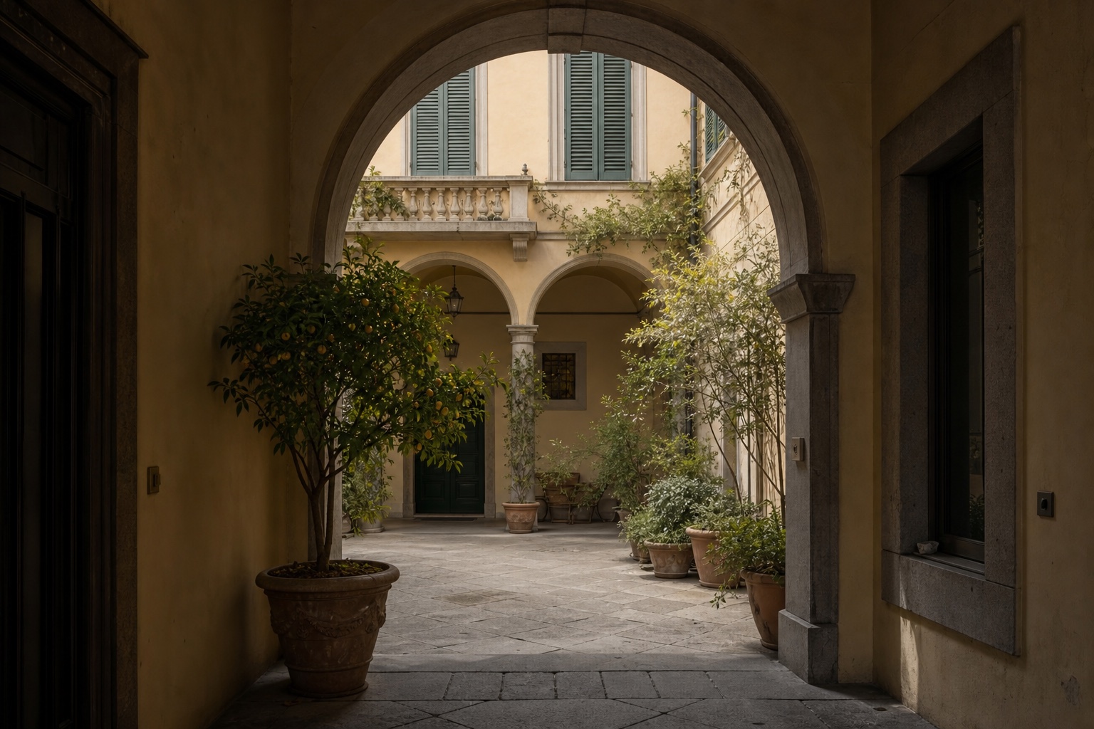 A private Florentine palazzo courtyard with stone arches and citrus trees