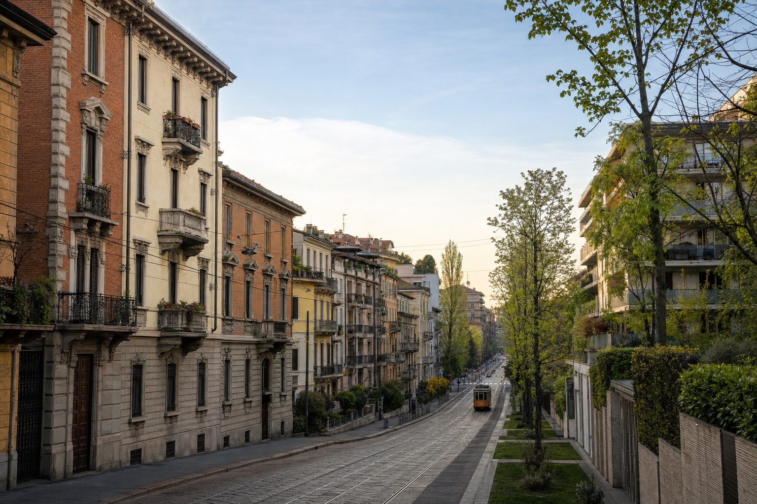 A composed Milan residential street extending from the historic city toward greener outer neighborhoods