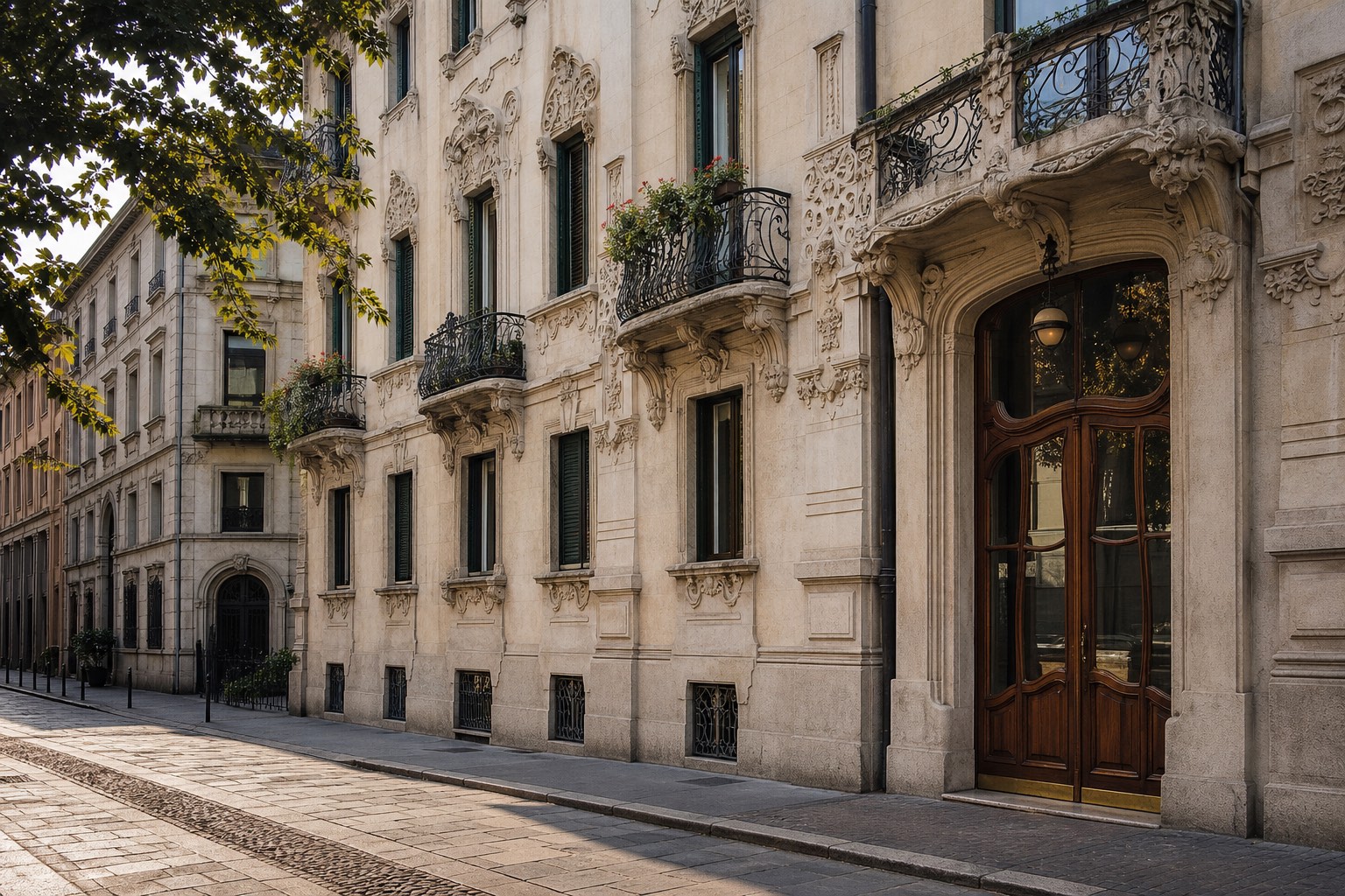 An ornate Milanese Liberty-style residential facade with wrought-iron balconies on a quiet street