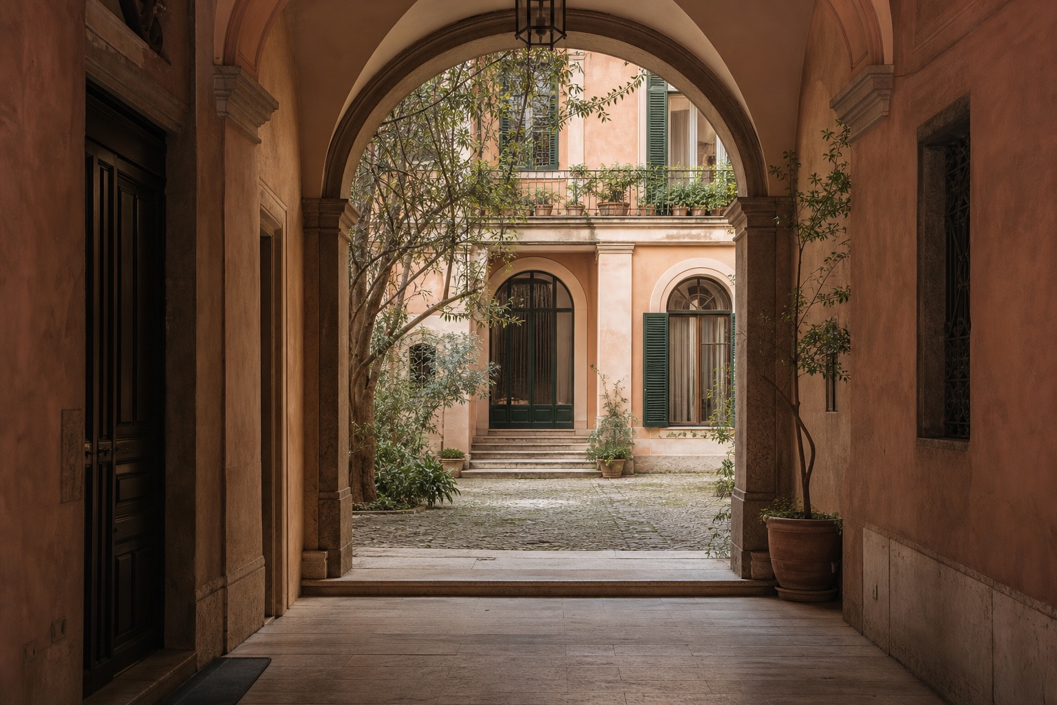 A quiet Roman residential courtyard framed by warm stone and green shutters