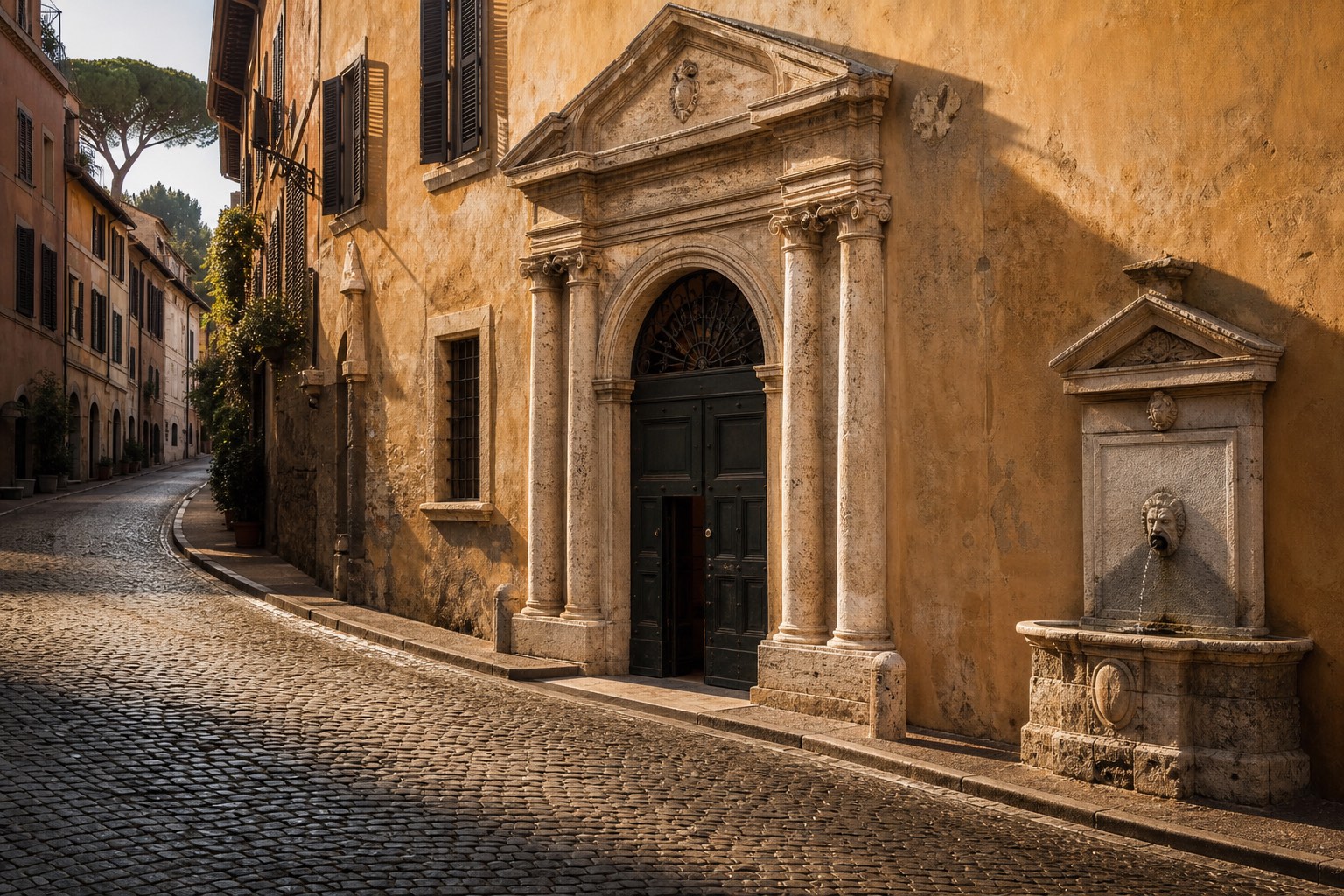 A quiet Roman rione street with sampietrini paving, a travertine doorway, and a stone fountain