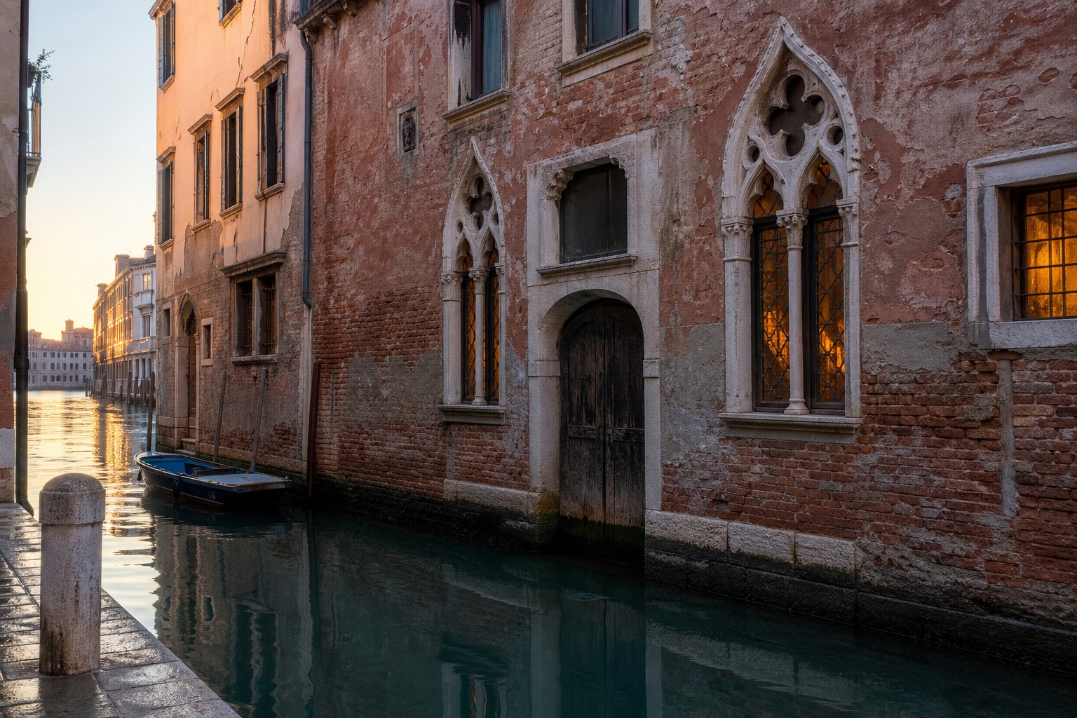A quiet Venetian canal beside a weathered Gothic residential facade at dawn