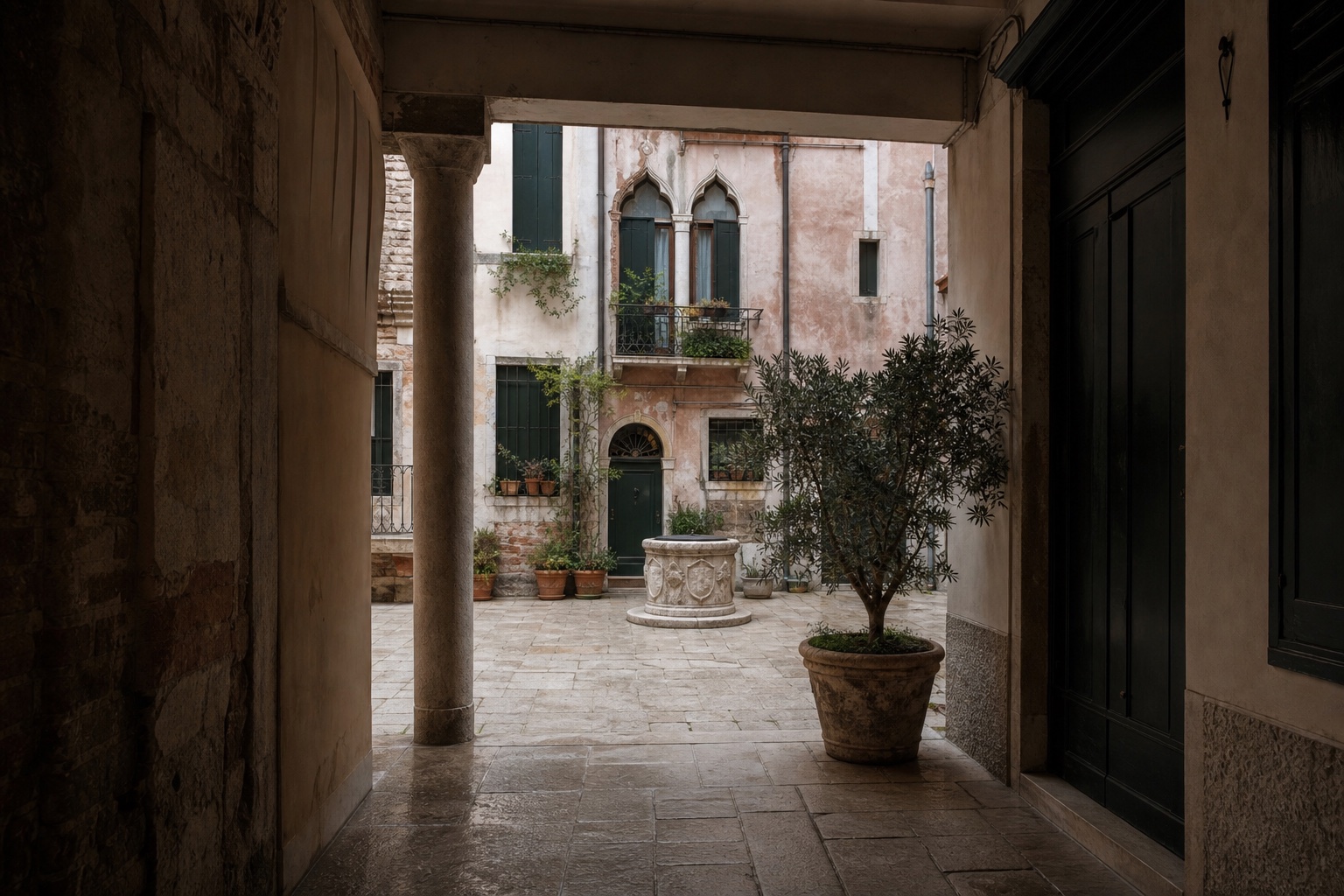 A secluded Venetian residential courtyard with Istrian stone and weathered plaster